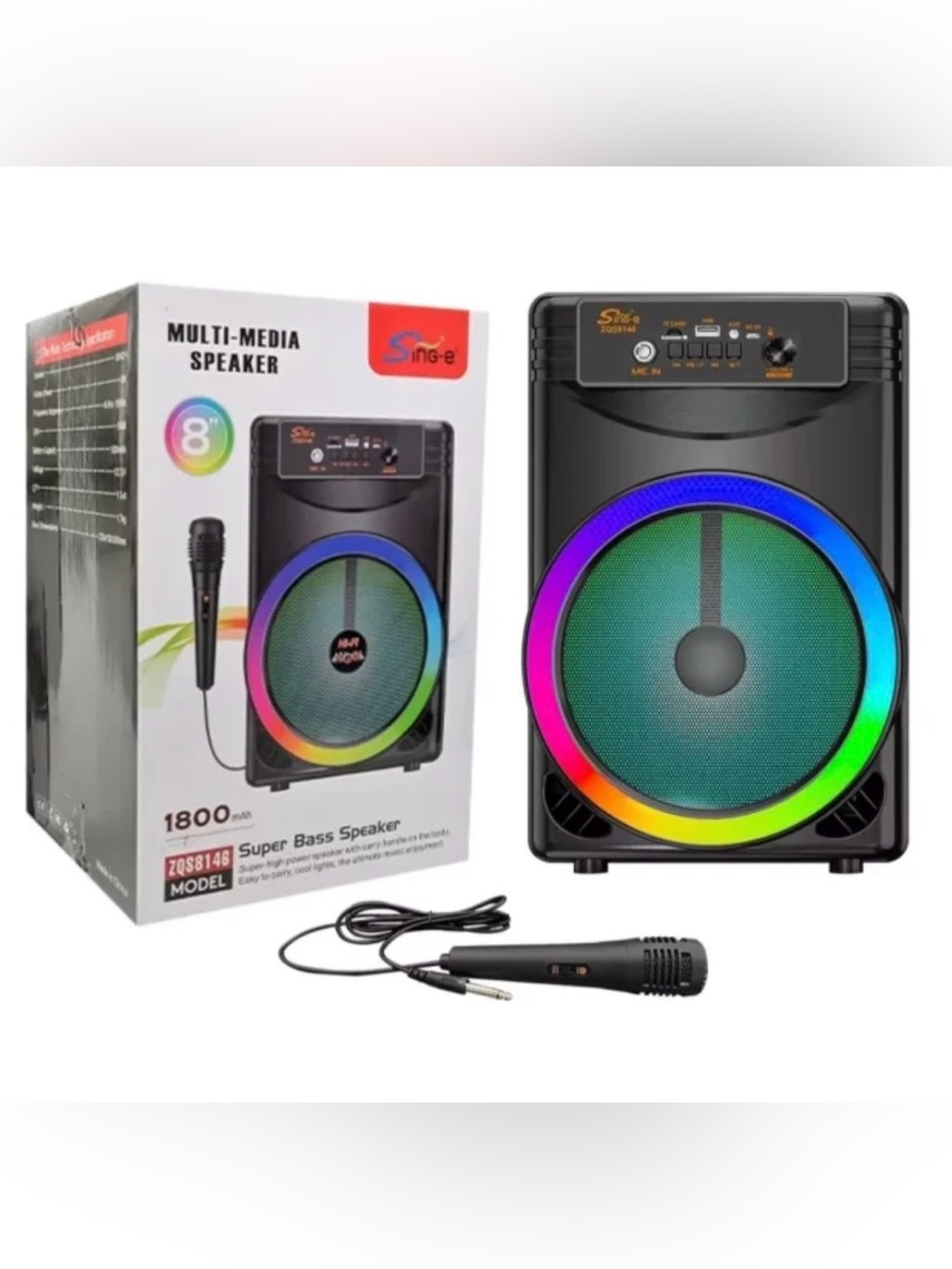 Black 8" Multi-Media Portable Speaker with RGB Ring and Mic